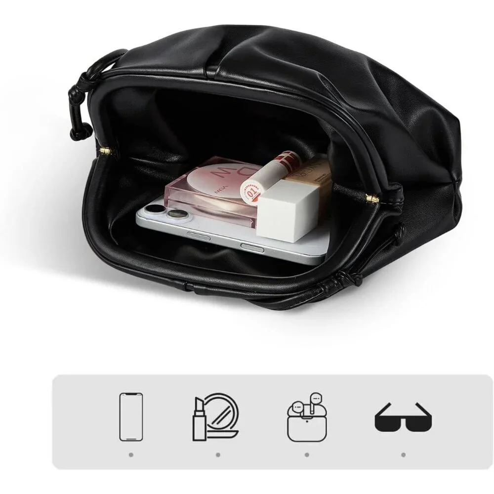 Women's Black PU leather Elegant Dressy Pleated Cloud Super Soft Clutch